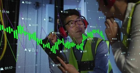 Image of data processing over biracial man using tablet in server room 스톡 사진