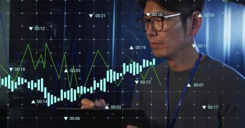 Image of data processing over biracial man using tablet in server room Stock Photos
