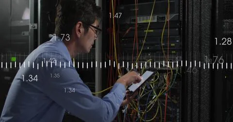 Image of data processing over biracial man using tablet in server room 스톡 사진