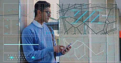 Image of data processing over biracial man using smartphone 写真素材