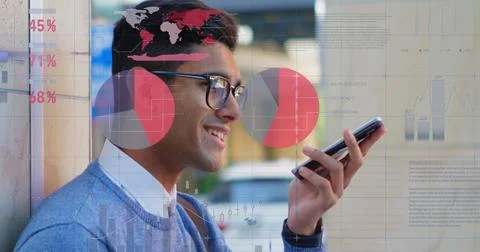 Image of data processing over biracial man using smartphone Stock Photos