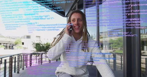 Image of data processing over biracial man using smartphone 스톡 사진