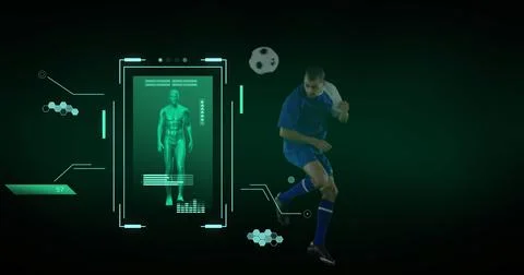 Image of data processing over biracial male football player Foto stock