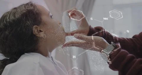 Image of data processing over biracial girl patient with inhaler in hospital Stock Photos