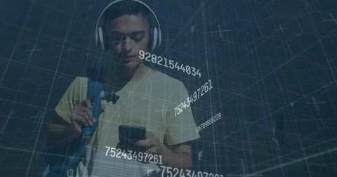 Image of data processing over biracial man using smartphone Stock Photos