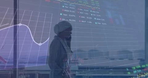 Image of data processing over biracial businesswoman using smartphone Stock Photos