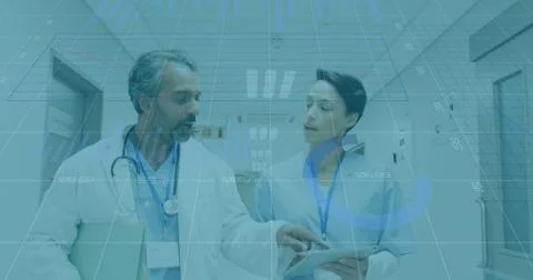 Image of data processing over biracial doctors Stock Photos