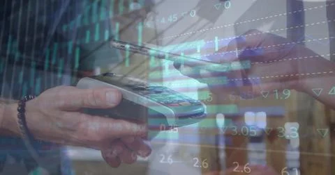 Image of data processing over biracial man using smartphone Stock Photos