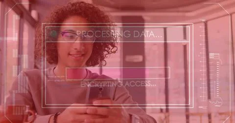 Image of data processing over biracial man using smartphone Foto stock