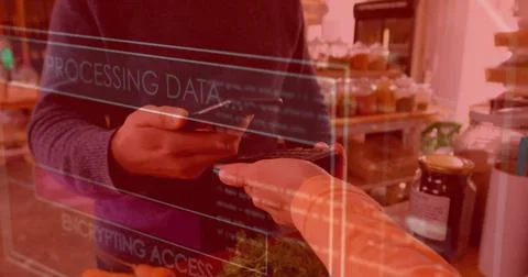 Image of data processing over biracial man paying with smartphone Stock Photos