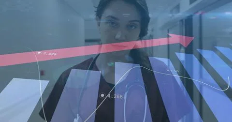 Image of data processing over biracial female doctor Stockfoto's