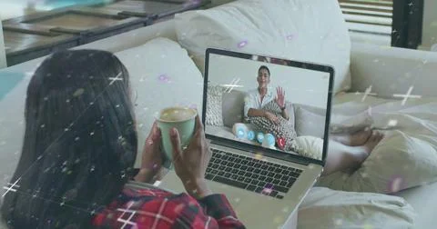 Image of data processing over biracial businesswoman having image call 写真素材