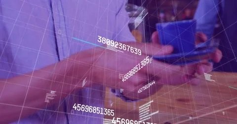 Image of data processing over biracial man holding cup of coffee Stock Photos