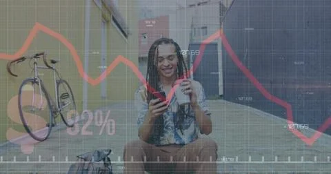 Image of data processing over biracial man using smartphone 写真素材