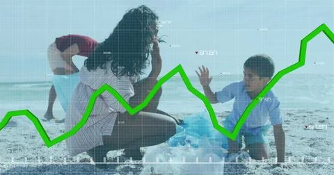Image of data processing over biracial family cleaning beach Stock Photos