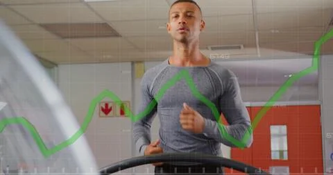 Image of data processing over biracial man running Foto stock