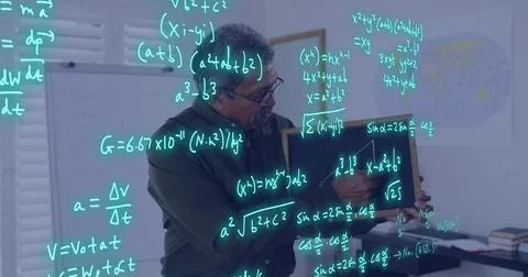 Image of data processing over biracial male teacher on image call Stock Photos