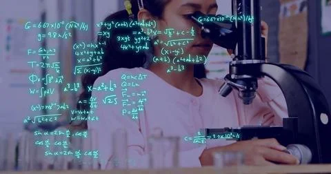 Image of data processing over biracial female student using microscope Stock Photos