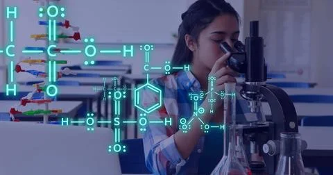 Image of data processing over biracial female student using microscope Foto stock