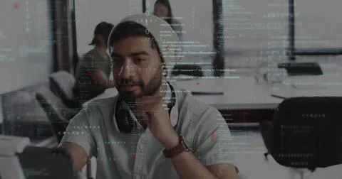 Image of data processing over biracial businessman in office Stock Photos