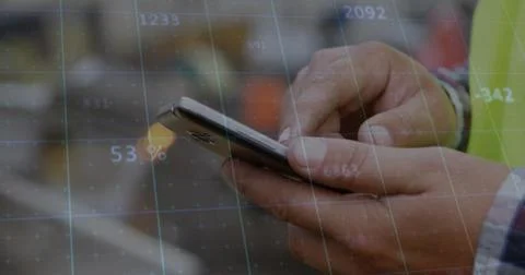 Image of data processing over biracial man using smartphone Stock Photos