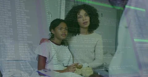 Image of data processing over biracial doctor talking with mother and her Stock Photos