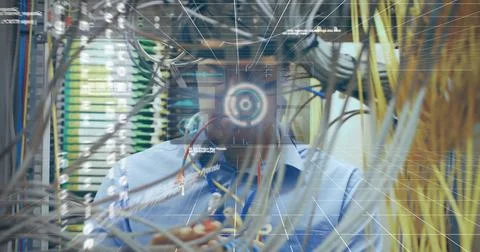 Image of data processing over biracial man inspecting server room Stock Photos