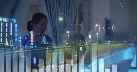 Image of data processing over biracial female doctor talking with patient Stock Photos
