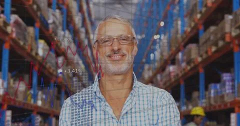 Image of data processing over biracial man in warehouse 스톡 사진