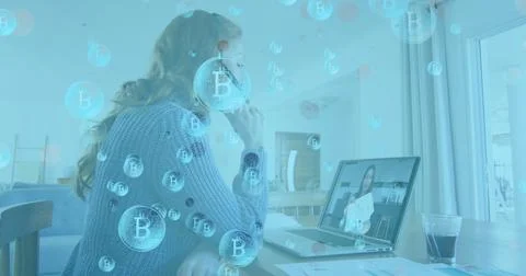Image of data processing over bitcoins symbols over caucasian businesswoman on Stock Photos