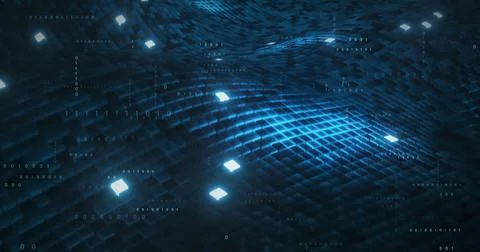 Image of data processing over blue squares on black background Illustrazione stock