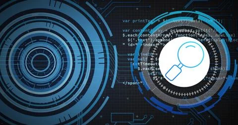 Image of data processing over blue circular scanners and search icon on black Illustrazione stock