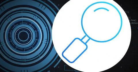 Image of data processing over blue circular scanners and search icon on black Illustrazione stock