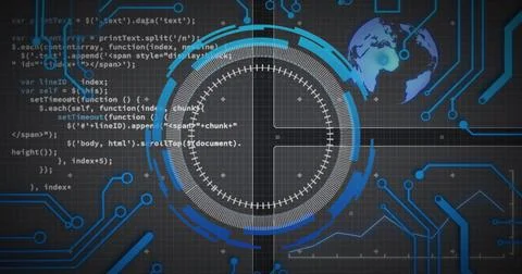 Image of data processing over blue motherboard network, circular scanner and Stock Illustration