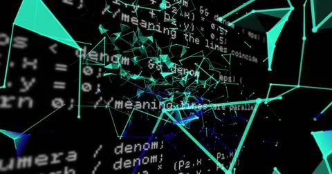 Image of data processing over blue abstract shapes on black background Foto stock