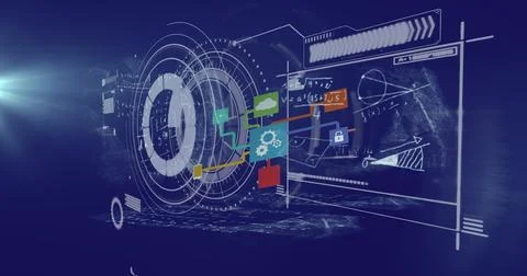 Image of data processing over blue background Foto stock