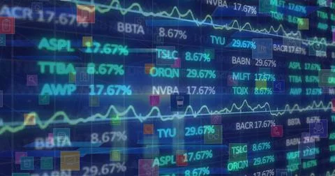 Image of data processing over blue background Foto stock