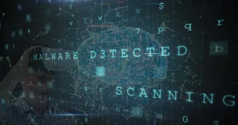Image of data processing over brain and caucasian man using vr headset Stock Photos