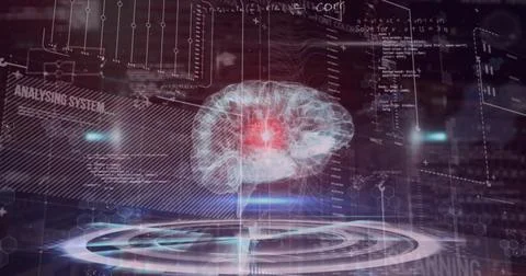 Image of data processing over brain 스톡 사진