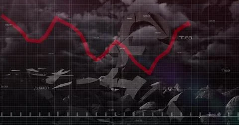Image of data processing over broken pound symbols and dark clouds Foto stock