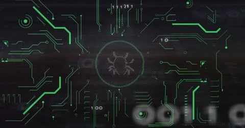 Image of data processing over bug icon 스톡 사진