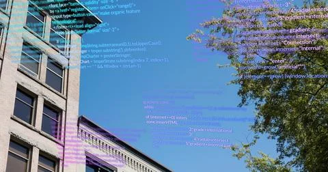 Image of data processing over building, tree and sky Stock Illustration