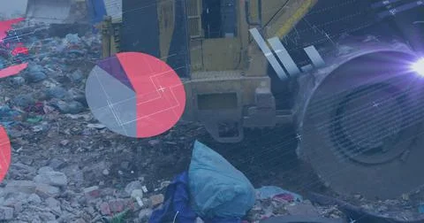 Image of data processing over bulldozer at waste collection site 写真素材