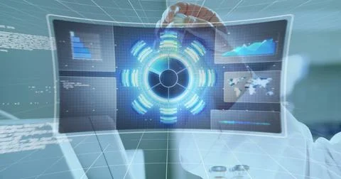 Image of data processing over business people using phone headsets Illustrazione stock