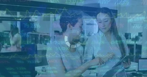 Image of data processing over business people using phone headsets Foto stock