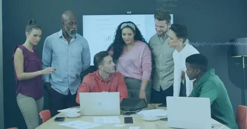 Image of data processing over business people working in office Stockfoto's