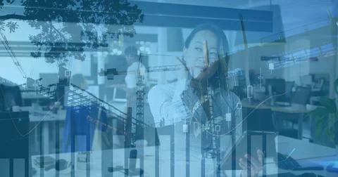 Image of data processing over business people using phone headsets Stockfoto's