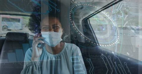 Image of data processing over business people using phone headsets Stockfoto's