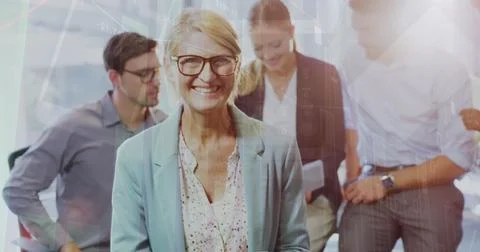 Image of data processing over business people using phone headsets Stockfoto's