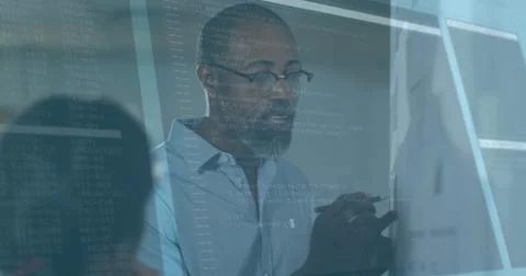 Image of data processing over business people discussing in office Stock Photos